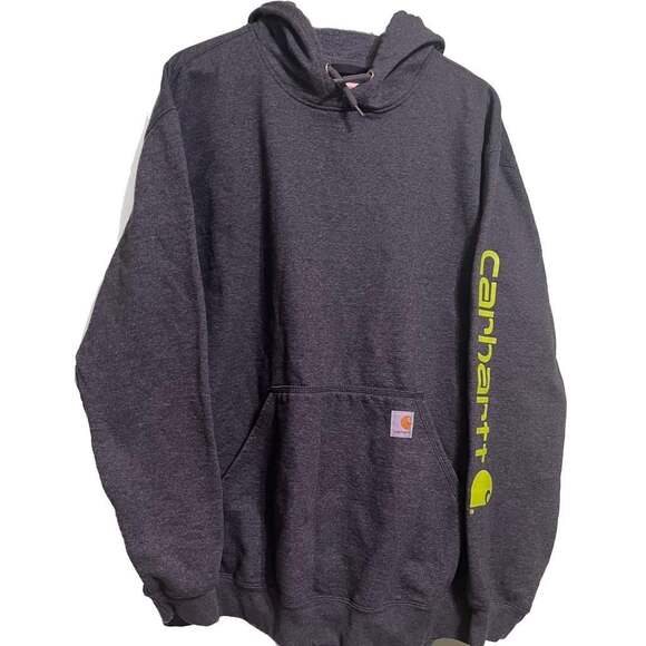 Carhartt Loose Fit Gray Hoodie with Green/Yellow Sleeve Logo - Picture 2 of 3